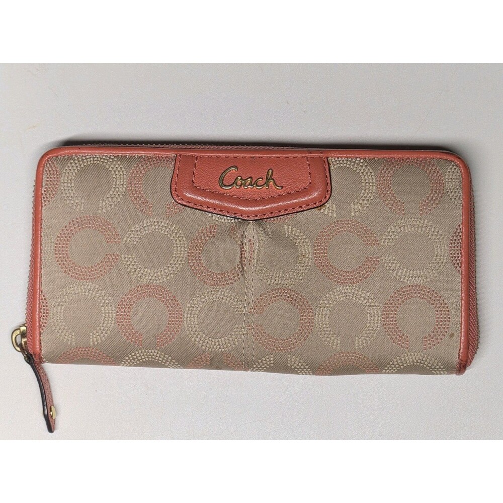 Coach Beige Pink Zip-Around Wallet for Women with Geometric Pattern & Logo